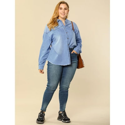 Agnes Orinda Women's Plus Size Button Down Long Sleeve Denim Shirts 4 Agnes Orinda Women's Plus Size Button Down Long Sleeve Denim Shirts - Image 2