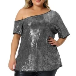 Agnes Orinda Women's Plus Size Sequin Sparkly One Shoulder Short Sleeve Party Blouses