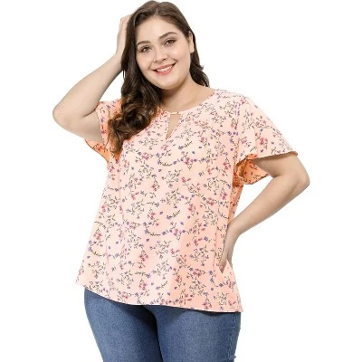 Agnes Orinda Women's Plus Size Keyhole Floral Chiffon Flared Sleeve Summer Trendy Peasant Tops 4 Agnes Orinda Women's Plus Size Keyhole Floral Chiffon Flared Sleeve Summer Trendy Peasant Tops - Image 2