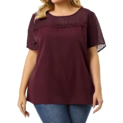 Agnes Orinda Plus Size Blouse For Women's Top T Shirt Contrast Panel Dots Summer Short Sleeve Blouse
