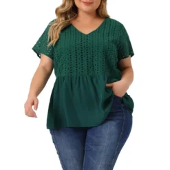 Agnes Orinda Women's Plus Size Contrast Panel V Neck Elastic Back Short Sleeve Blouses -Agnes Orinda GUEST 6efd5a9d c12f 4bed 8880 d240861ab62d