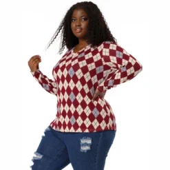 Agnes Orinda Women's Plus Size V Neck Argyle Long Sleeve Stretch Knit Pullover Top -Agnes Orinda GUEST 6f12eecc 193b 4c70 b16e 00ee4b7cc192