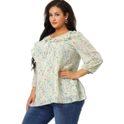 Agnes Orinda Women's Plus Size Chiffon 3/4 Sleeve V Neck Floral Tie Neck Blouses -Agnes Orinda GUEST 7375679e 6034 4000 9d7e 3237d6fcfab0