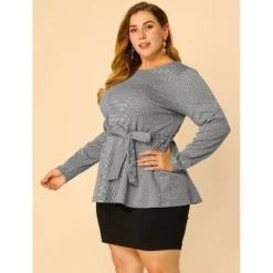 Agnes Orinda Women's Plus Size Houndstooth Formal Outfits Plaid Tie Waist Workear Blouses -Agnes Orinda GUEST 73973bad 5c81 46db b100 8da7a88436be