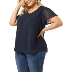 Agnes Orinda Women's Plus Size Pin Dots V Neck Smocked Bell Short Sleeve Top -Agnes Orinda GUEST 73c7639a f1e4 4ff4 9ad4 77f933333344