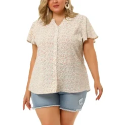 Agnes Orinda Women's Plus Size Floral Flare Short Sleeve Button Down Chiffon Shirt -Agnes Orinda GUEST 73e8b283 cc07 4d94 b53f ae67ec5b3c6d