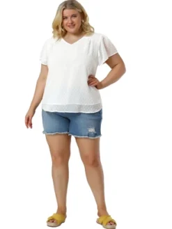 Agnes Orinda Women's Plus Size Pin Dots V Neck Smocked Bell Short Sleeve Top -Agnes Orinda GUEST 742b4080 15fa 413a 8b22 208a4a3854a4