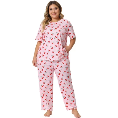 Agnes Orinda Women's Plus Size Short Sleeve Cherry Print Elastic Soft Pockets Pajama Set 2 Pcs 4 Agnes Orinda Women's Plus Size Short Sleeve Cherry Print Elastic Soft Pockets Pajama Set 2 Pcs - Image 2