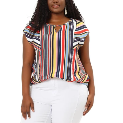 Agnes Orinda Women's Plus Size Blouse Keyhole Neck Cap Sleeve Stripe Top 3 Agnes Orinda Women's Plus Size Blouse Keyhole Neck Cap Sleeve Stripe Top