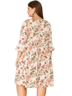 Agnes Orinda Women's Plus Size Retro V Neck Ruffle 3/4 Sleeve Floral Print Babydoll Flare Midi A Line Dresses -Agnes Orinda GUEST 7549d5e0 13d2 4054 b457 f1f3e7c16ec1
