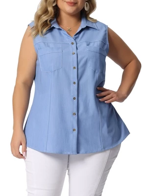 Agnes Orinda Plus Size Summer Tops For Women Sleeveless Button Down Work Shirts Chambray Blouses 2023 9 Agnes Orinda Plus Size Summer Tops For Women Sleeveless Button Down Work Shirts Chambray Blouses 2023 - Image 7