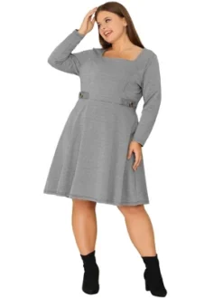 Agnes Orinda Women's Plus Size Long Sleeve Square Neck Work Houndstooth Midi Dresses -Agnes Orinda GUEST 76b9ff44 818e 4282 bf55 448ba44cd4ef