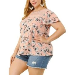 Agnes Orinda Women's Plus Size Top Floral Lace Panel Keyhole Back Flare Sleeve