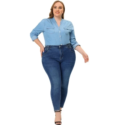 Agnes Orinda Women's Plus Size Jean High Waist Buckle Decor Slash Pocket Work Stretch Washed Denim Skinny Jeans 5 Agnes Orinda Women's Plus Size Jean High Waist Buckle Decor Slash Pocket Work Stretch Washed Denim Skinny Jeans - Image 3