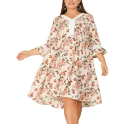Agnes Orinda Women's Plus Size Retro V Neck Ruffle 3/4 Sleeve Floral Print Babydoll Flare Midi A Line Dresses -Agnes Orinda GUEST 7813d5cf 5c46 4219 91a9 c4e879360a98