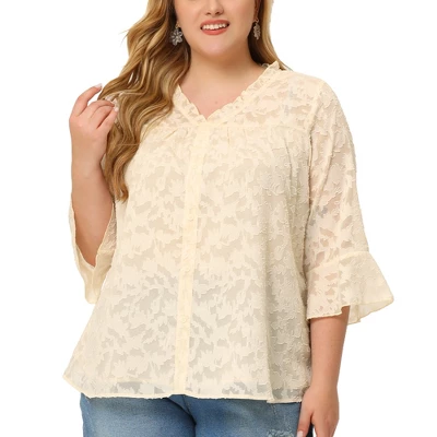 Agnes Orinda Plus Size Top For Women 3/4 Flare Sleeve V Neck Semi Sheer Blouses 7 Agnes Orinda Plus Size Top For Women 3/4 Flare Sleeve V Neck Semi Sheer Blouses - Image 5
