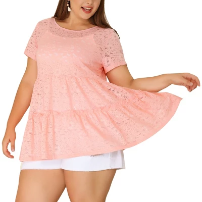 Agnes Orinda Women's Plus Size Blouse Tiered Lace Allover Round Neck Short Sleeve Peplum Blouses 3 Agnes Orinda Women's Plus Size Blouse Tiered Lace Allover Round Neck Short Sleeve Peplum Blouses