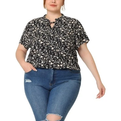 Agnes Orinda Women's Plus Size Self Tie Ruffle Pleated Floral Blouse 10 Agnes Orinda Women's Plus Size Self Tie Ruffle Pleated Floral Blouse - Image 8
