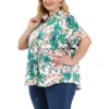 Agnes Orinda Women's Plus Size Shirts Turndown Collar Button Down Full Placket Short Sleeve Floral Summer Shirt