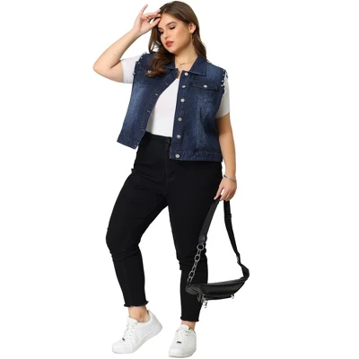 Agnes Orinda Women's Plus Jean Vest Chest Pockets Frayed Hem Single Breasted Denim Vest With Rivets 4 Agnes Orinda Women's Plus Jean Vest Chest Pockets Frayed Hem Single Breasted Denim Vest With Rivets - Image 2