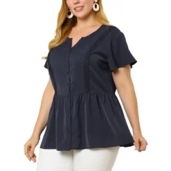 Agnes Orinda Women's Plus Size Shirt Bell Short Sleeve Button Down Collar Elastic Waist Flare Peplum Tops -Agnes Orinda GUEST 7ba52781 f893 4fbb adfa 3aa520eb9937