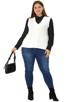 Agnes Orinda Women Plus Size Cable Knit Button Sleeveless Pocket Sweater Vest 4 Agnes Orinda Women Plus Size Cable Knit Button Sleeveless Pocket Sweater Vest - Image 2