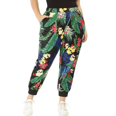 Agnes Orinda Women's Plus Size Adjustable Elastic Waist Pockets Tropical Harem Jogger Pants 4 Agnes Orinda Women's Plus Size Adjustable Elastic Waist Pockets Tropical Harem Jogger Pants - Image 2