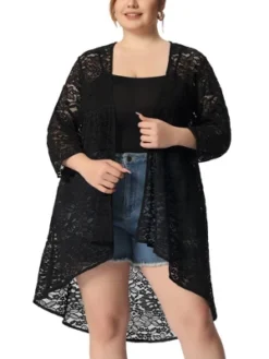 Agnes Orinda Women's Plus Size Lace Sheer High Low 3/4 Sleeve Open Front Cardigan -Agnes Orinda GUEST 7d1e155e be4d 4174 a38a fd0d41ca423e