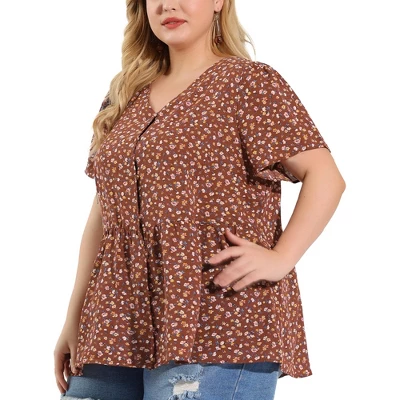 Agnes Orinda Women's Plus Size V Neck Ruffle Hem Short Sleeve Cinched Waist Floral Peplum Top 11 Agnes Orinda Women's Plus Size V Neck Ruffle Hem Short Sleeve Cinched Waist Floral Peplum Top - Image 9