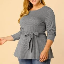 Agnes Orinda Women's Plus Size Houndstooth Formal Outfits Plaid Tie Waist Workear Blouses