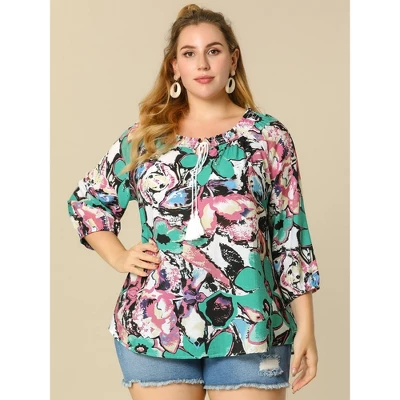 Agnes Orinda Women's Plus Size 3/4 Sleeves Self Tie Neck Floral Blouse 5 Agnes Orinda Women's Plus Size 3/4 Sleeves Self Tie Neck Floral Blouse - Image 3