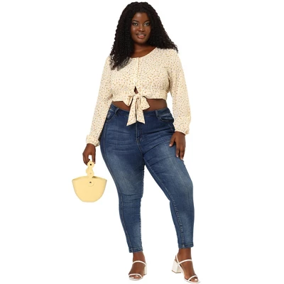 Agnes Orinda Women's Plus Size Crop Tops Floral Tie Waist Puff Sleeve Blouse 4 Agnes Orinda Women's Plus Size Crop Tops Floral Tie Waist Puff Sleeve Blouse - Image 2