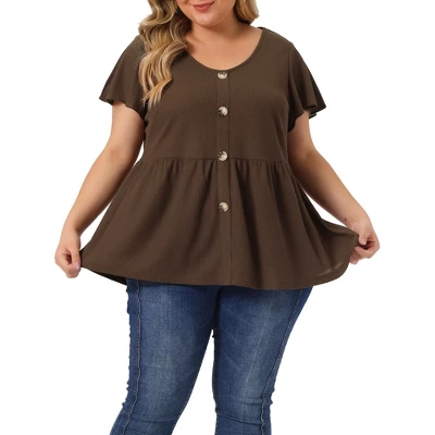 Agnes Orinda Women's Plus Size Summer Flare Sleeve Button Front Peplum Shirts 8 Agnes Orinda Women's Plus Size Summer Flare Sleeve Button Front Peplum Shirts - Image 6
