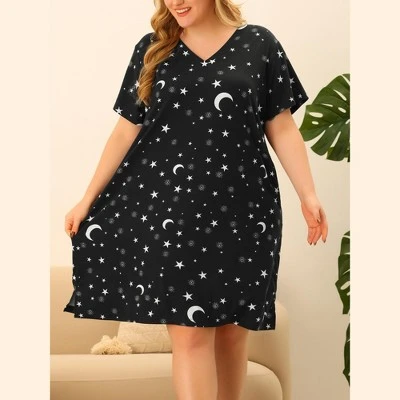 Agnes Orinda Women's Plus Size Comfort Pajamas Star Moon Pattern V Neck Short Sleeve Nightgown 3 Agnes Orinda Women's Plus Size Comfort Pajamas Star Moon Pattern V Neck Short Sleeve Nightgown
