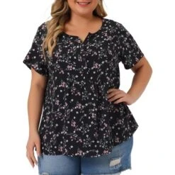 Agnes Orinda Women's Plus Size Floral Half Placket Short Sleeve Casual Pepium Blouse -Agnes Orinda GUEST 8167d341 ee8c 4d92 b6c1 4214690dfc1f