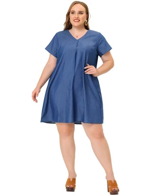 Agnes Orinda Women's Plus Size Solid Pleat V Neck Chambray Dress 5 Agnes Orinda Women's Plus Size Solid Pleat V Neck Chambray Dress - Image 3