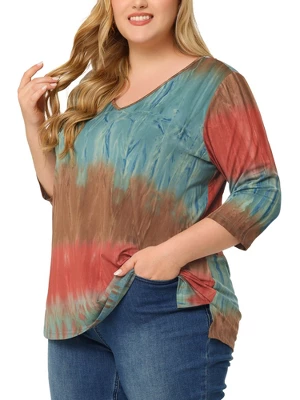 Agnes Orinda Women's Plus Size Tie Dye Side Slit 3/4 Sleeve Stripe V Neck Blouses 13 Agnes Orinda Women's Plus Size Tie Dye Side Slit 3/4 Sleeve Stripe V Neck Blouses - Image 11