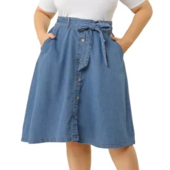 Agnes Orinda Women's Plus Size Denim Tie Waist Button Front A-Line Midi Skirts