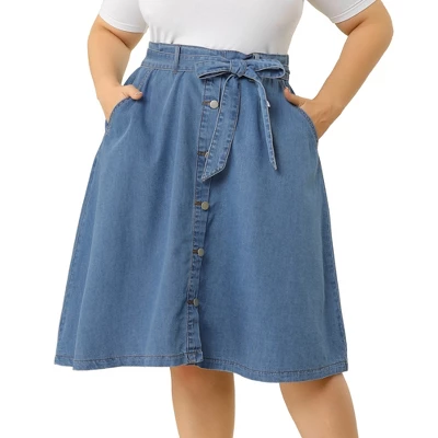 Agnes Orinda Women's Plus Size Denim Tie Waist Button Front A-Line Midi Skirts 3 Agnes Orinda Women's Plus Size Denim Tie Waist Button Front A-Line Midi Skirts