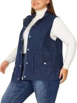 Agnes Orinda Women's Plus Size Utility Anorak Cargo Drawstring Jean Denim Jacket Vest