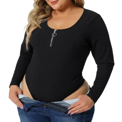 Agnes Orinda Women's Plus Size Zipper Deep Scoop Neck Long Sleeve Tops Bodysuit Jumpsuit 3 Agnes Orinda Women's Plus Size Zipper Deep Scoop Neck Long Sleeve Tops Bodysuit Jumpsuit