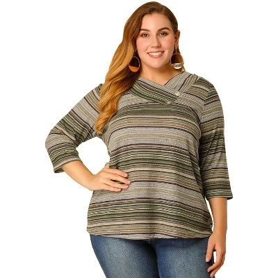 Agnes Orinda Women' S Plus Size 3/4 Sleeve V Neck Stripe Boho Knit Casual Blouse 5 Agnes Orinda Women' S Plus Size 3/4 Sleeve V Neck Stripe Boho Knit Casual Blouse - Image 3