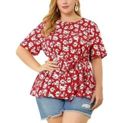 Agnes Orinda Women's Plus Size Ruffle Short Sleeve Chiffon Floral Blouse