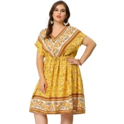Agnes Orinda Women's Plus Boho Floral Pattern V Neck Drop Shoulder Drawstring Waist Dresses -Agnes Orinda GUEST 87b1bb60 57f5 4967 a63b 48f190fc3587