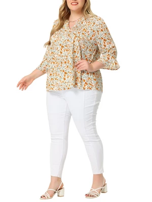 Agnes Orinda Women's Plus Size Pleated Ruffle 3/4 Sleeves V Neck Floral Blouse 3 Agnes Orinda Women's Plus Size Pleated Ruffle 3/4 Sleeves V Neck Floral Blouse