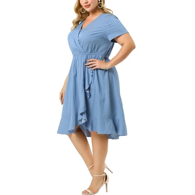 Agnes Orinda Women's Plus Size Faux Wrap Elastic Waist V Neck Chambray Ruffle Dress 8 Agnes Orinda Women's Plus Size Faux Wrap Elastic Waist V Neck Chambray Ruffle Dress - Image 6