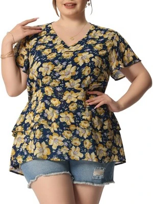 Agnes Orinda Women's Plus Size V Neck Floral Tiered Peplum Blouses 12 Agnes Orinda Women's Plus Size V Neck Floral Tiered Peplum Blouses - Image 10