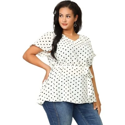 Agnes Orinda Women's Plus Size V Neck Tie Waist Polka Dots Blouse 5 Agnes Orinda Women's Plus Size V Neck Tie Waist Polka Dots Blouse - Image 3