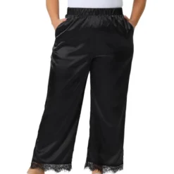 Agnes Orinda Women's Plus Size Satin Lace Trim Elastic Soft Wide Leg Pockets Pajama Pants