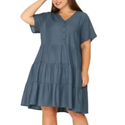 Agnes Orinda Women's Plus Size Babydoll Tiered V Neck Short Sleeve Chambray Dresses -Agnes Orinda GUEST 8b344f59 22a5 46c5 901f 7bf355b55223